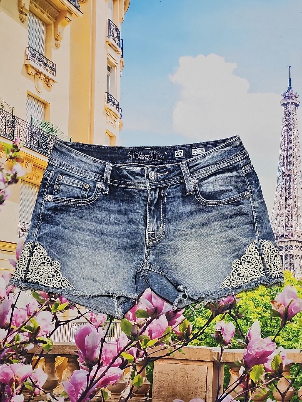 Miss‎ Me Frayed Hem Blue Denim Shorts Size 27